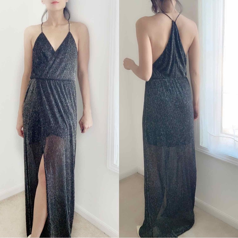 BLACK SHEER GLITTER HIGH CUT MAXI DRESS